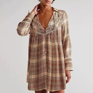 Free People • Haddie Plaid Mini Dress in Peach Combo Size XL